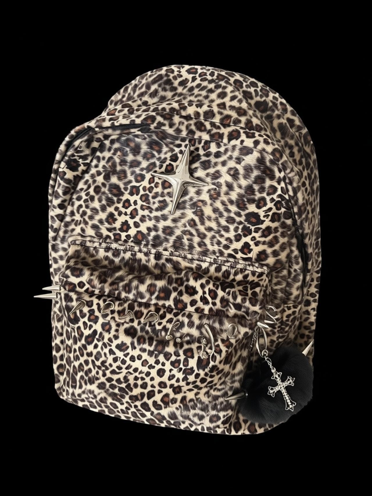 Interior Design Women - Ruime rugzak met luipaardprint, punk-nitdetails, herfst-winter