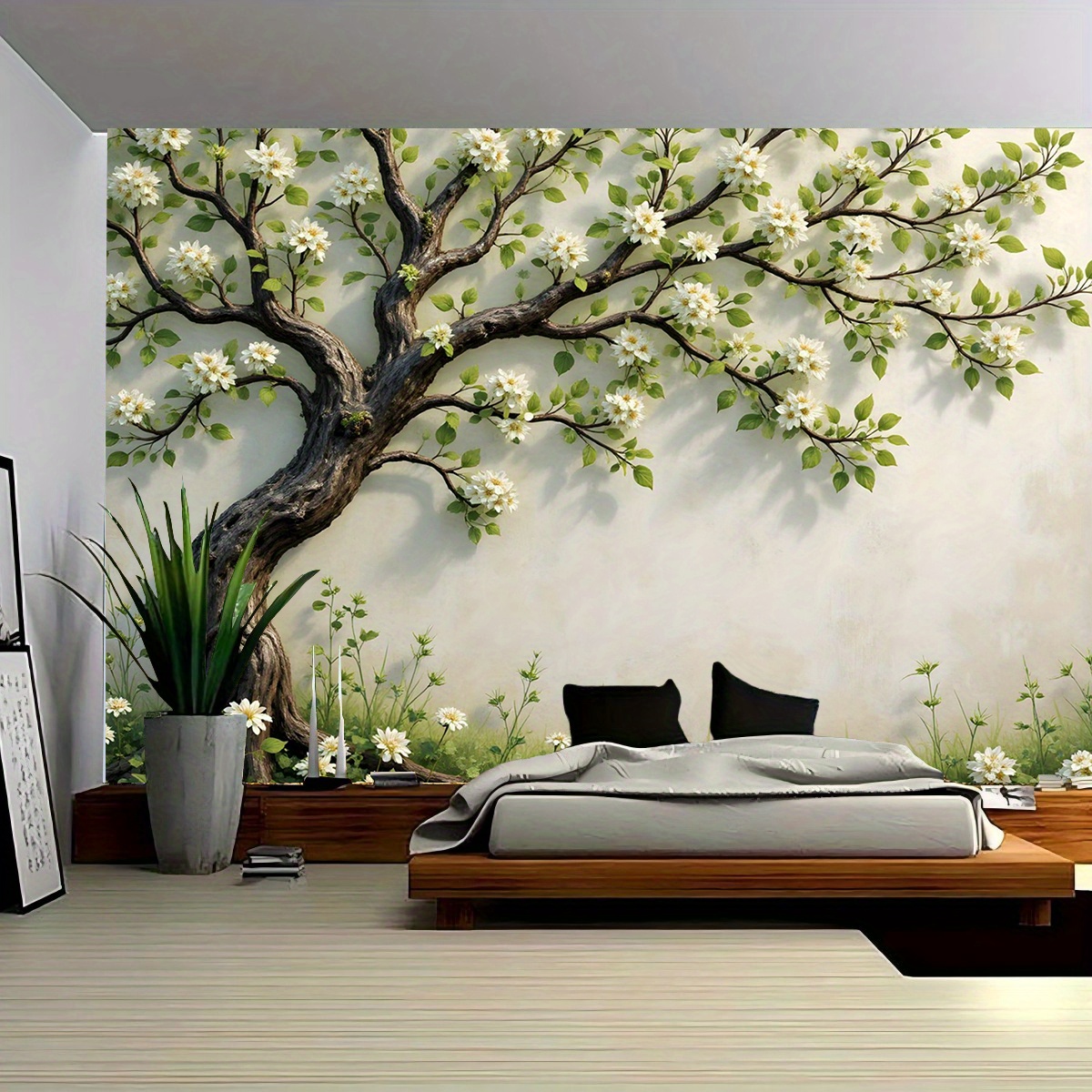 Interior Design Zen Style - 3D bloeiende boom muurschildering voor slaapkamer